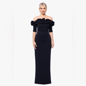 PETITE "ISLA" LONG SCUBA CREPE OFF THE SHOULDER RUFFLE TOP DRESS